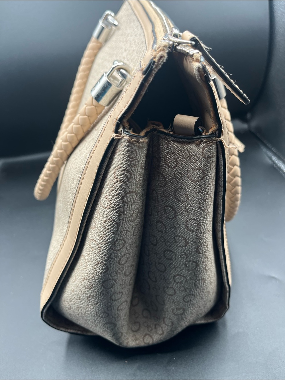 GUESS Beige Logo Satchel with Braided Handles and Tassel - Picture 6 of 11